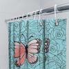 Blue Floral Shower Curtain With Pink Butterfly Decor For Bathroom Home Decor