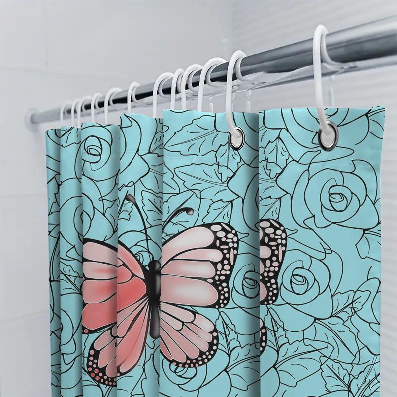 Blue Floral Shower Curtain With Pink Butterfly Decor For Bathroom Home Decor