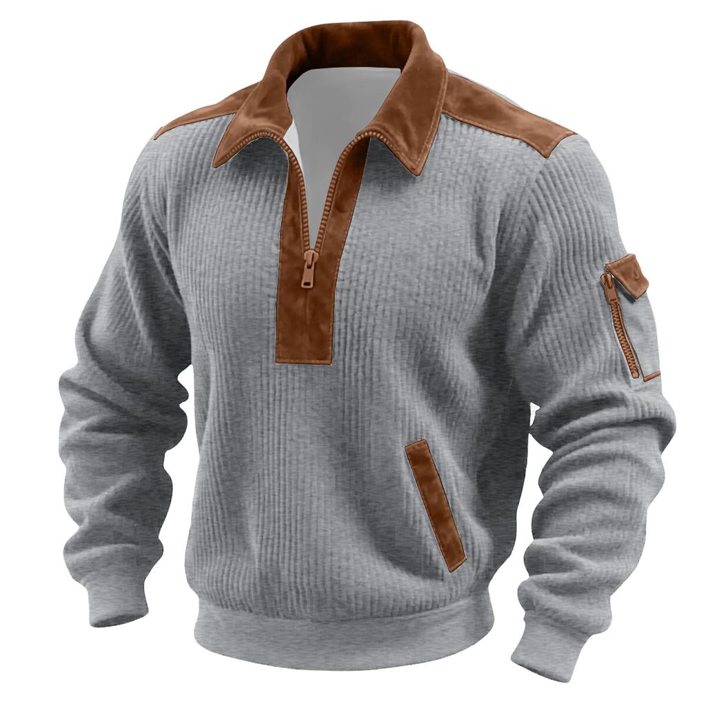 Men's Solid Color Corduroy Zipper Neck Long Sleeve Top Men's Casual Lapel Top