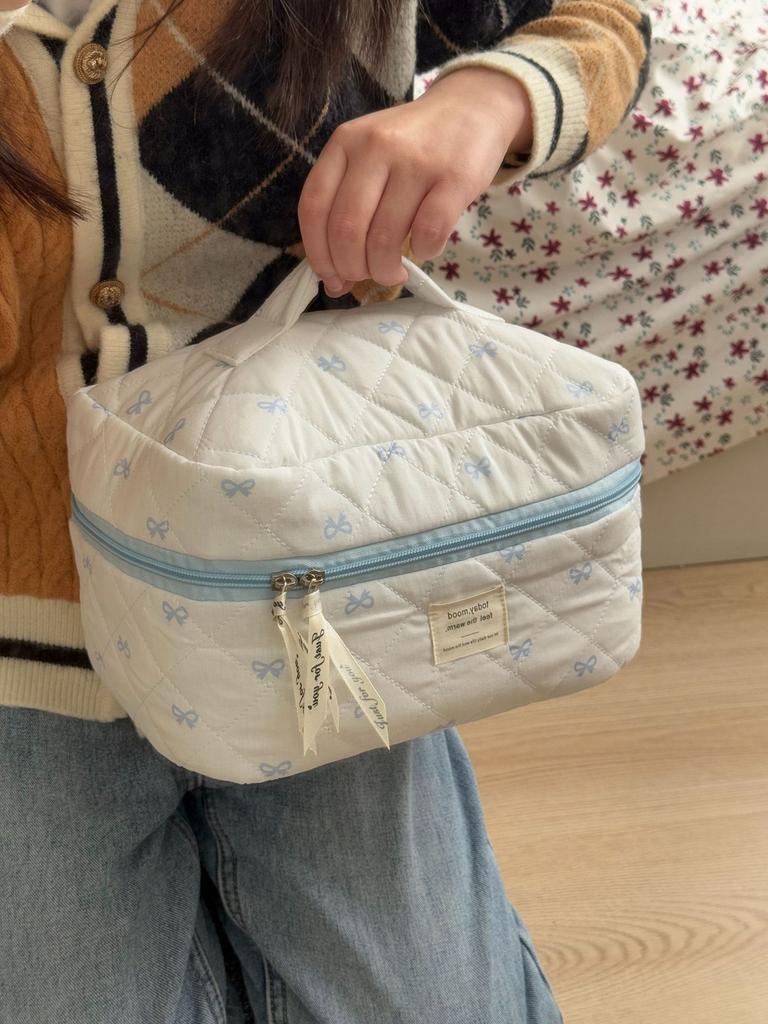 Large Capacity Quilted Cotton Ladies Pillow Handbags Sweet Bowknot Women's Cosmetic Bags High-Quality Female Wash Storage Bag