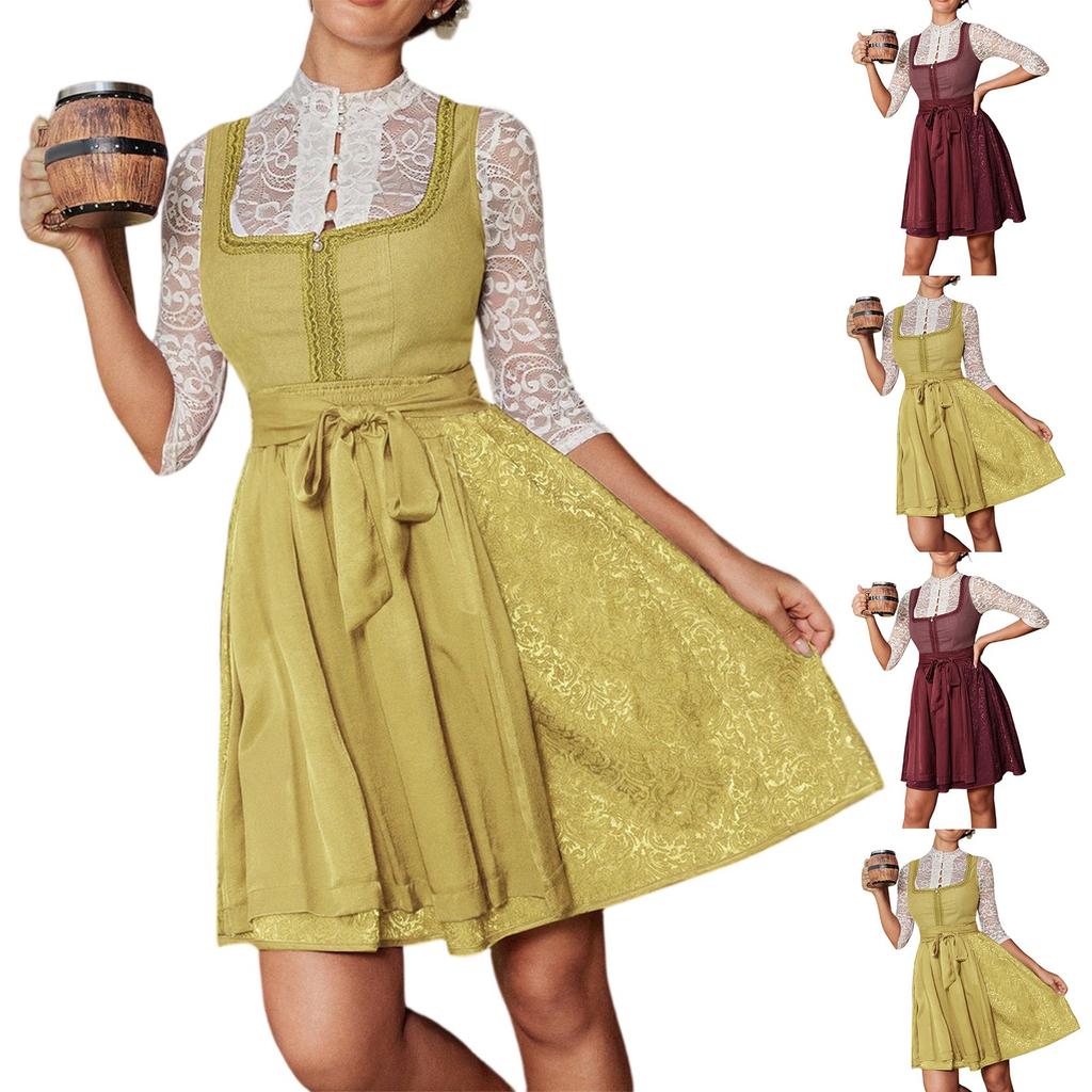 Beer Festival Costumes, Bavarian Women's Performance Costumes, Solid Colors Square Collar Dress
