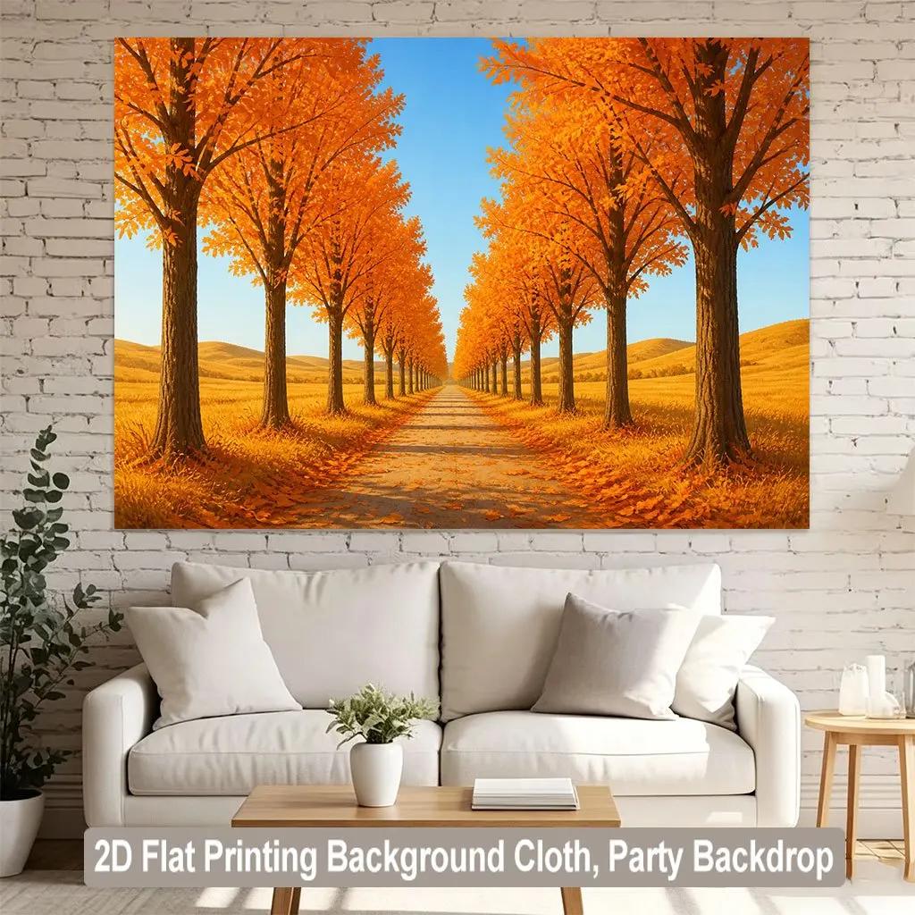 2D flat surface 1 piece of landscape autumn trees path background banner suitable for home garden studio