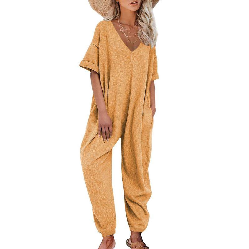 Solid Color V-neck Long Pants Jumpsuit Women Solid V-neck Trousers Jumpsuit