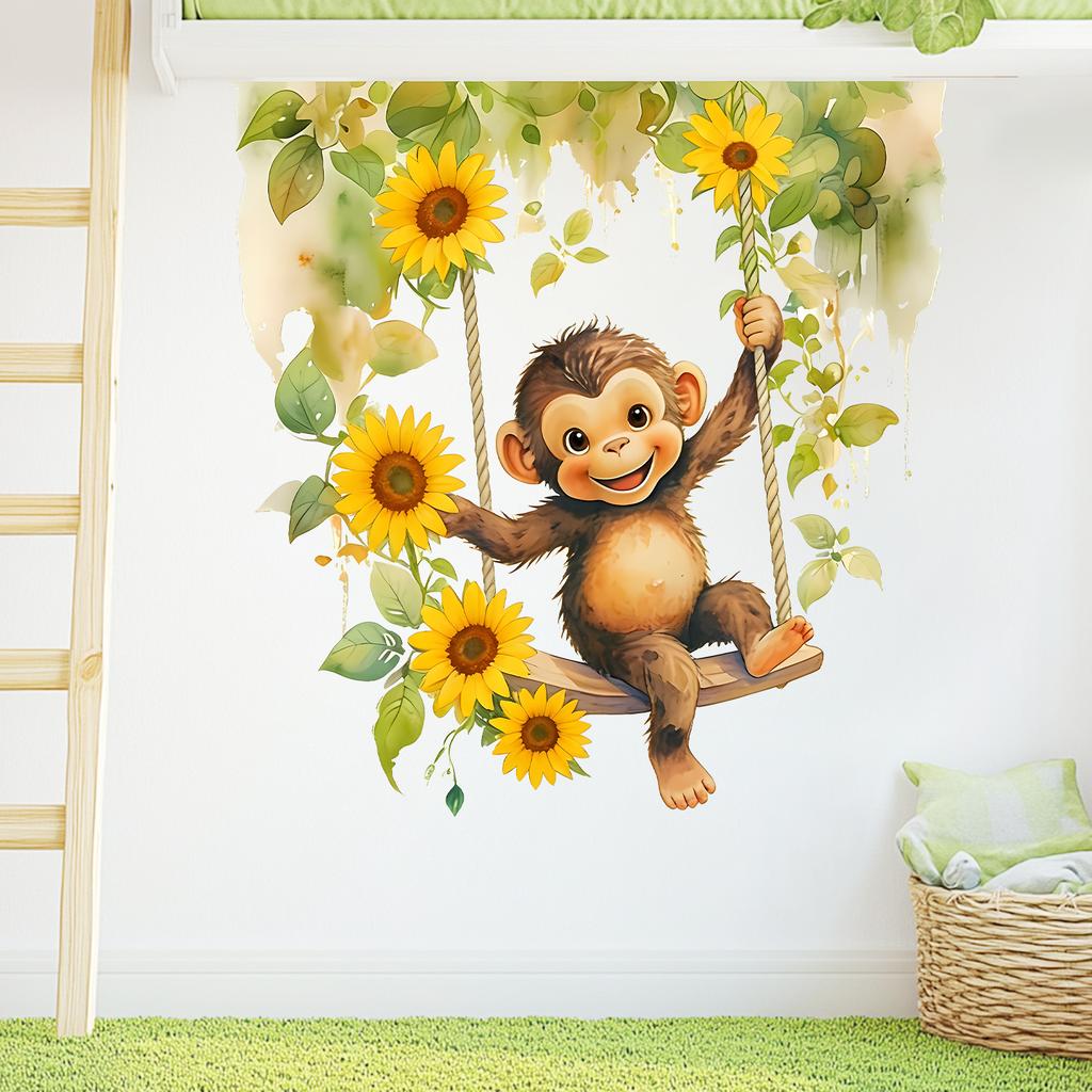 Watercolor Monkey Swinging On Swing Self Adhesive Glass Window Sticker No Residue for Kids Room Wall Decor