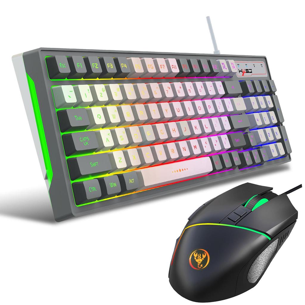 HXSJ Wired Keyboard and Mice Combo with Mice Pad 96 Keys Compact Keyboard with Colorful Lights 4 Adjustable Speeds