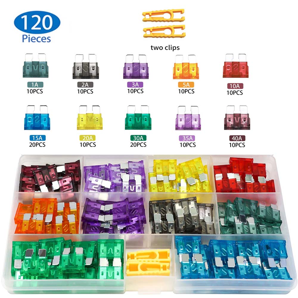 120 Pcs Standard Fuse Assortment kit (1A/2A/3A/5A/10A/15A/20A/25A/30A/35A/40AMP) Blade Fuse for RV Truck Marine Auto Accessorie 120pcs