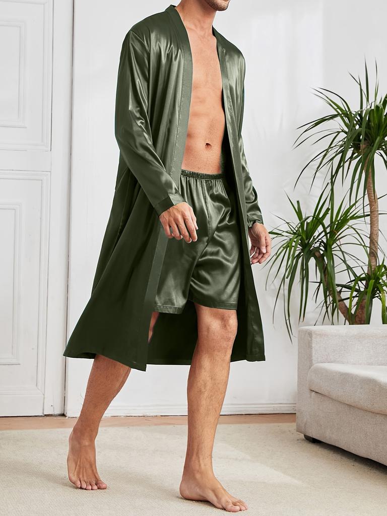 Herren Einfacher Stil Lässige Pyjama-Sets, Herren Bequemer Einfarbiger Morgenmantel, Eleganter Morgenmantel zum Schnüren & Lockere Shorts Hauspyjama-Sets