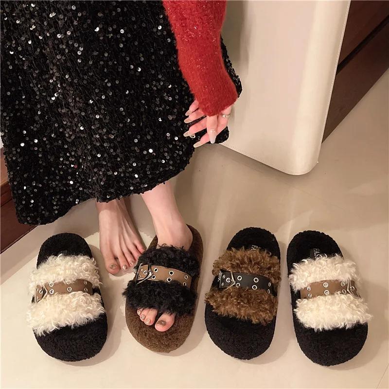 Fashion 2024 Winter Women's Thick Bottom Belt Buckle Slippers Outdoor New Round Head Warm Plush Cotton Slippers