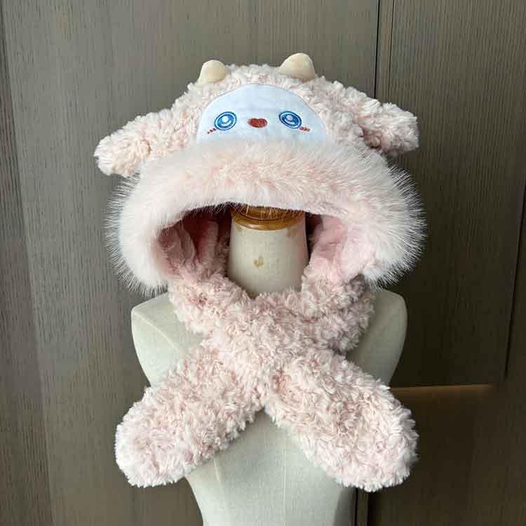 Cute Little Sheep Plush Hat Women'S Winter Cold Protection And Warm Hat Scarf Integrated Thickened Ear Protection Lei Feng Hat