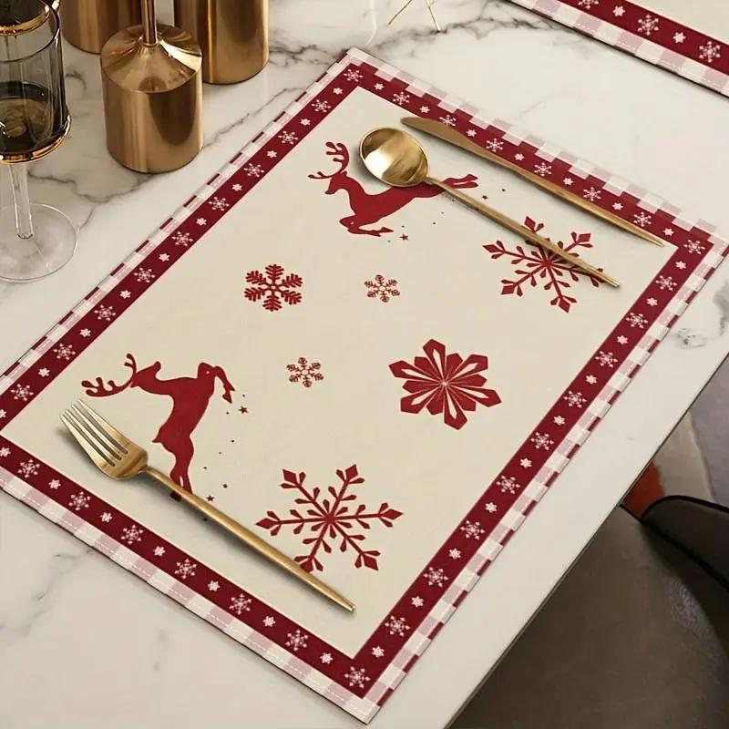 1PC Christmas Tree Santa Claus Snowflakes Print Placemats Christmas Table Mat Linen Placemat for Kitchen Dining Table Decoration
