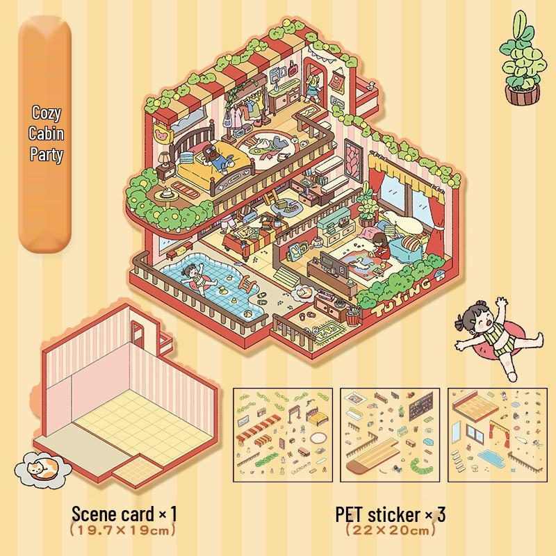 3D Kabin Peyzaj Çıkartmaları: Büyük Kendin Yap Kore Minyatür Sahnesi, Sevimli Saklama Dekorasyonu.