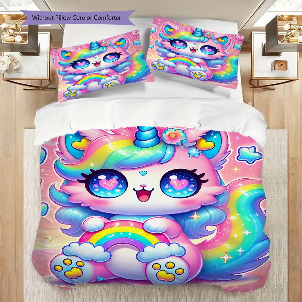 Cartoon cute fantasy unicorn bedding, duvet cover, pillowcase, home decoration, birthday gift (1 * duvet cover+2 * pillowcase, coreless)