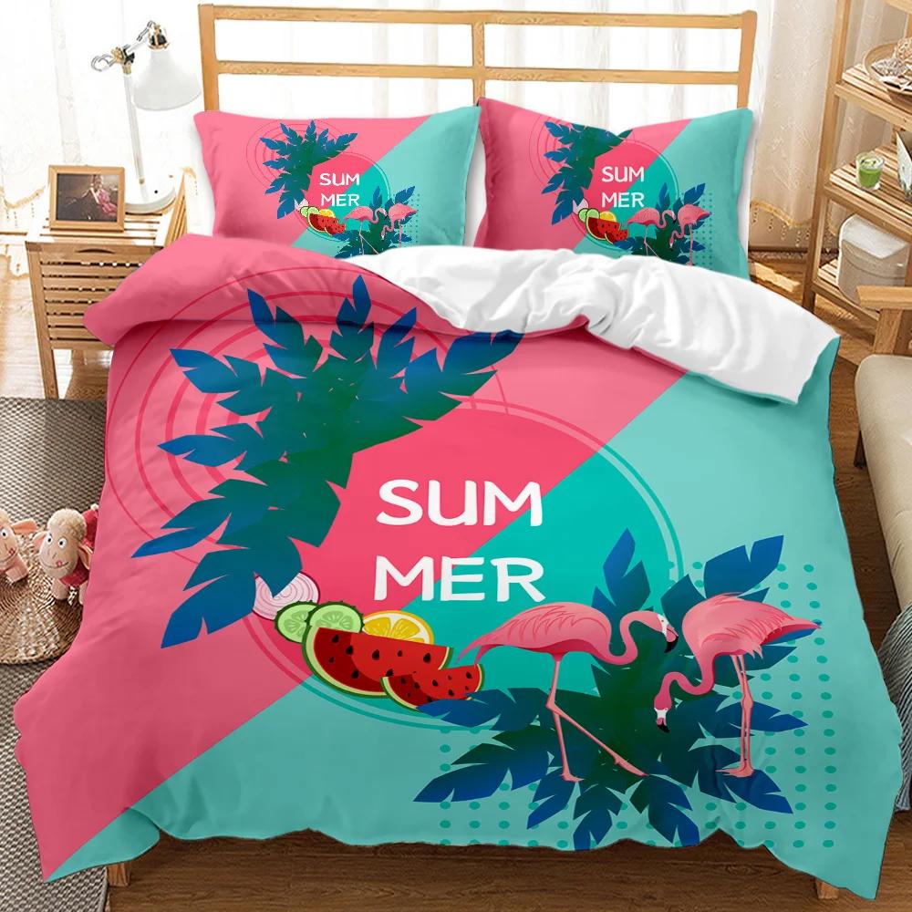 Flamingo Duvet Cover Couple Flamingo Palm Leaf Twin Bedding Set Tropical Botanical Leaves Summer King Size Polyester Quilt Cover