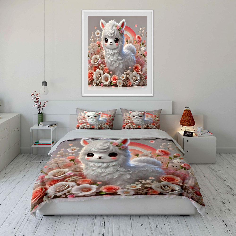 Cute White Sheep With Floral Decor Duvet Cover Set With 3D Printing Design Soft Polyester Bedding Set All-Season Comfort
