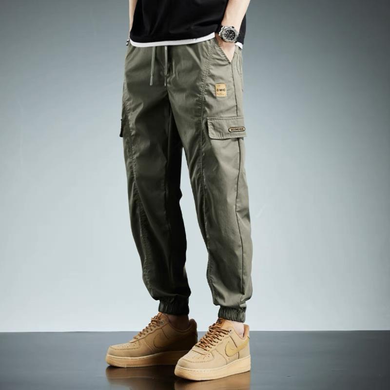 Classic Fashion Patch Multiple Pockets Men's Cargo Pants Waist Drawstring Thin Tie One's Feet Street Casual All-match Trousers