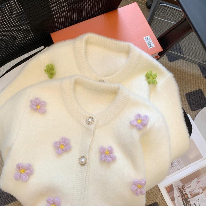 Plush soft waxy fashion sweater jacket women's summer new heavy industry flowers gentle and sweet knitted cardigan