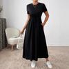 Crew Neck Solid Color Dress - Short Sleeve Drawstring Waist Side Pocket Shift Dress, Casual Breathable Cotton Tunic, Minimalist Everyday Outfit