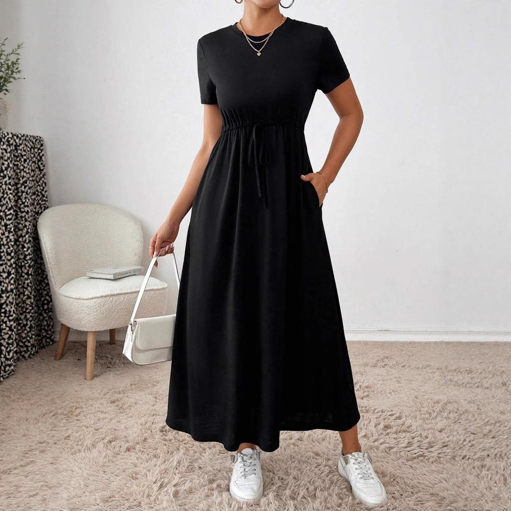 Crew Neck Solid Color Dress - Short Sleeve Drawstring Waist Side Pocket Shift Dress, Casual Breathable Cotton Tunic, Minimalist Everyday Outfit