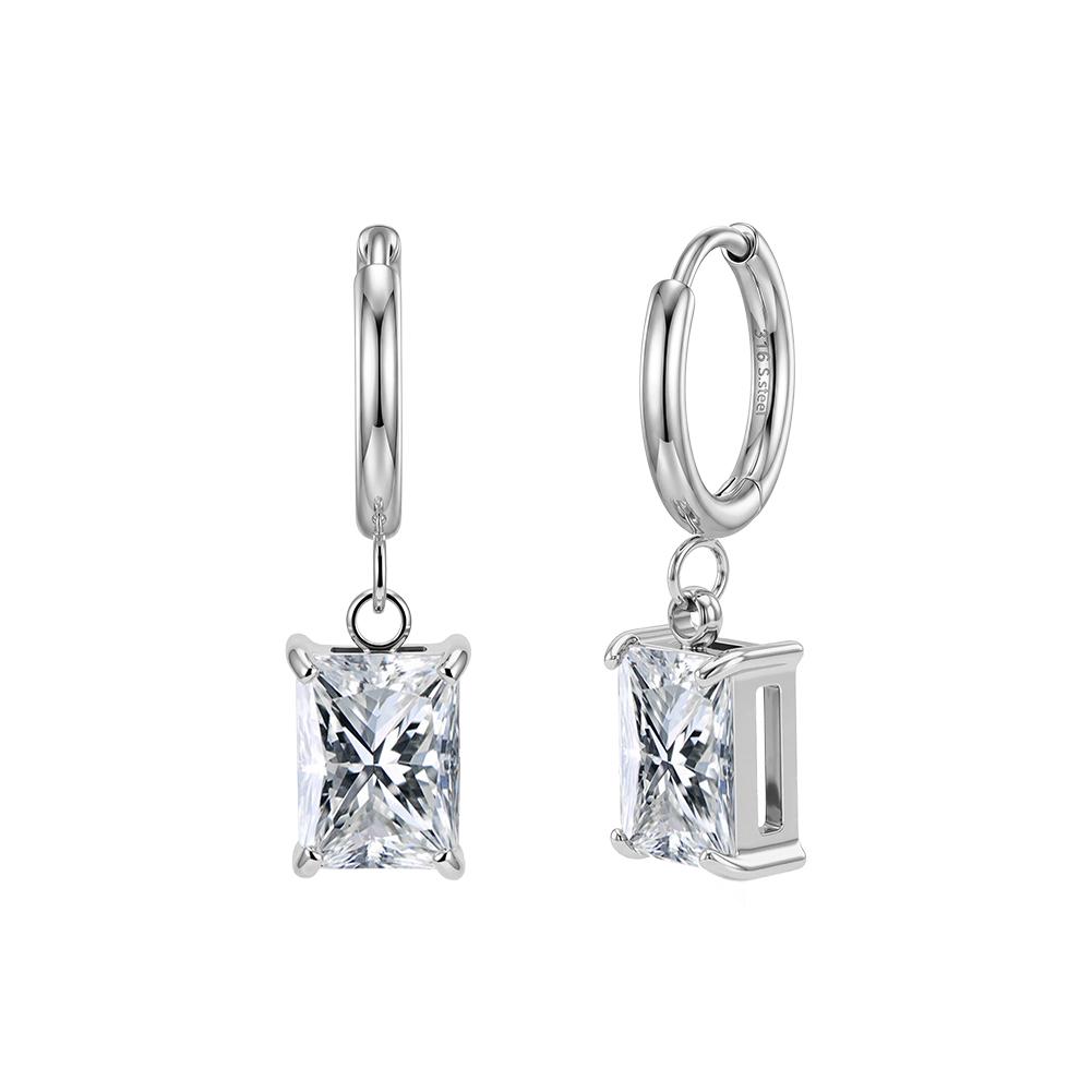 HTKE09 316L Stainless Steel Rectangle Cubic Zirconia Dangle Huggie Earring Hypoallergenic Radiant Cut CZ Drop Earrings for Women