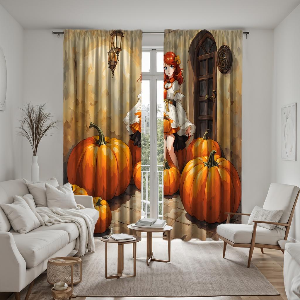 2pcs HD Back Room Pumpkin cartoon Girl curtain Yellow tie digital printed curtain Home Decoration style Decorate living room