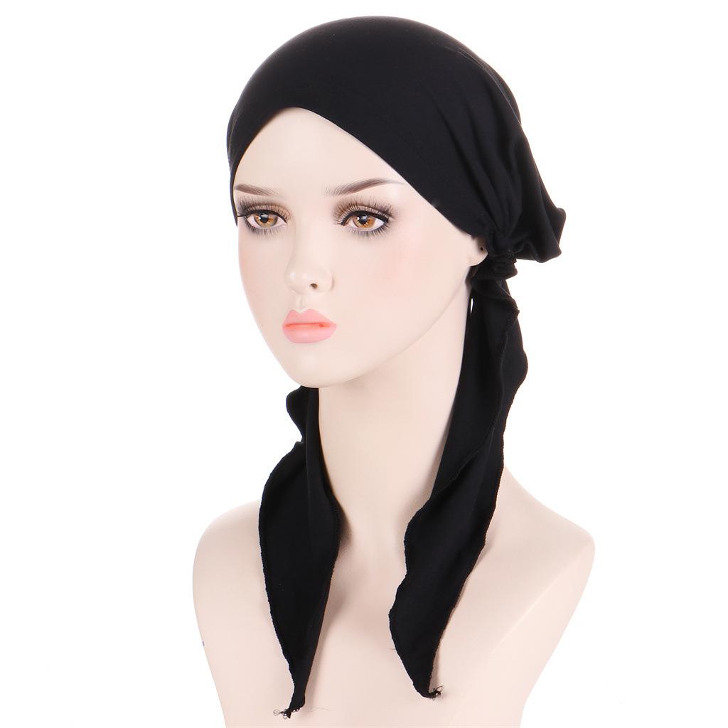 Solid Color Muslim Fashion Hijabs Turban Bonnet Long Tail Head Wraps Elastic Hijab Hats Breathable Chemo Cap For Women Girls
