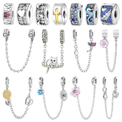 Original Copper Safety Clasp Heart Flower Safety Chain Beads Pendant Charms For Pan Bracelet Jewellery Clips
