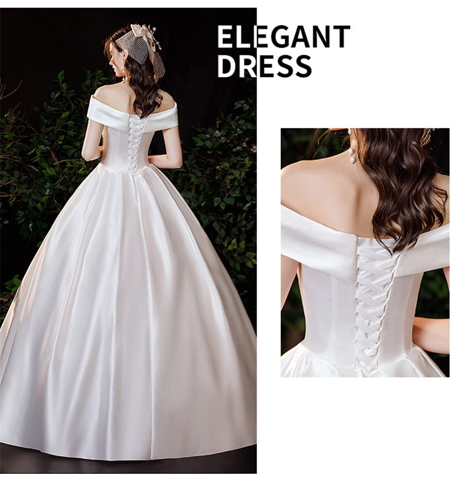 JINZUOMA Satin Wedding Dress with Back Elegant and Formal for and Other Occasions Size Women's Off-the-Shoulder Ribbon, Weddings, Concerts, (White, M)