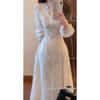2025 Autumn French Sweet Style White Lace Long Sleeve Dress with Tie Waist