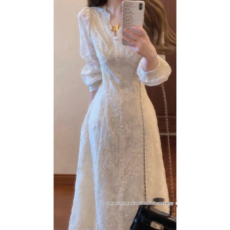 2025 Autumn French Sweet Style White Lace Long Sleeve Dress with Tie Waist
