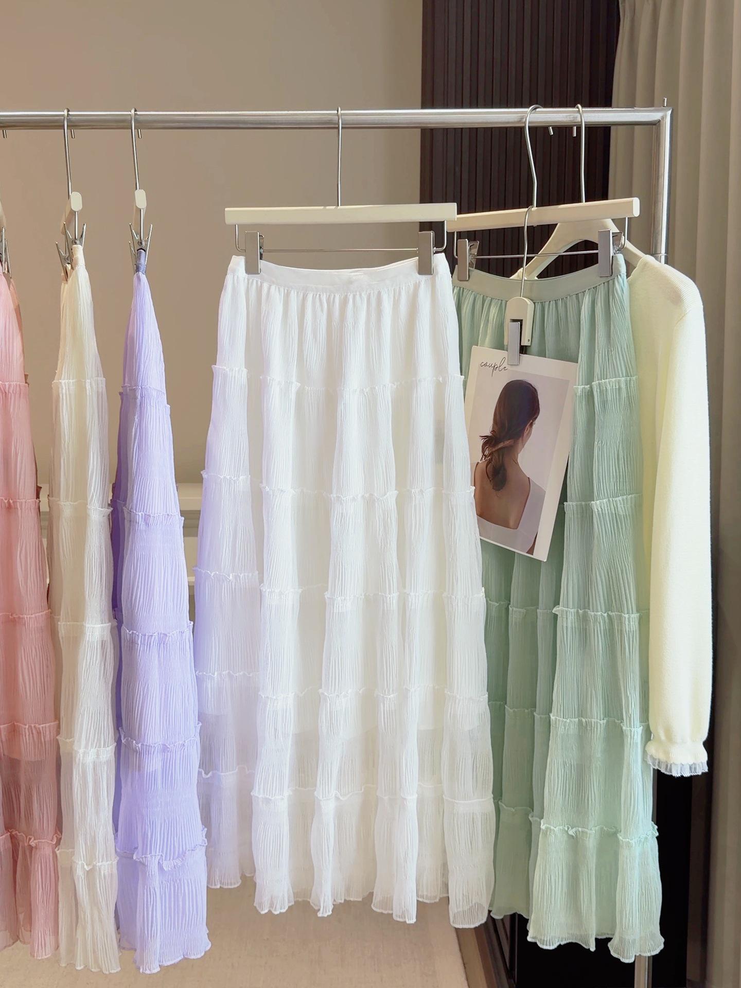 Spring 2026 Pleated A-Line Layered Mesh Skirt for Women One size белый