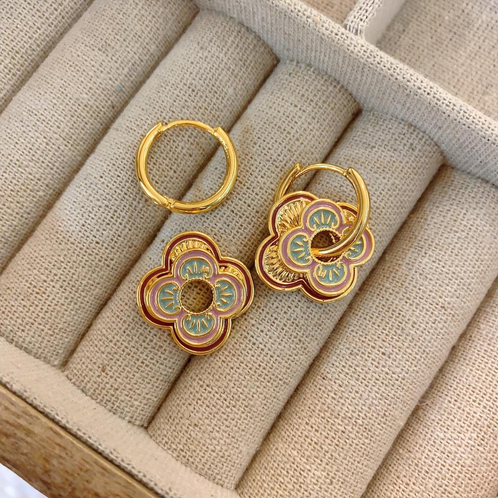 Pink Purple Enamel Earrings Women'S High-End Stud Earrings Light Luxury Temperament National Style Earrings
