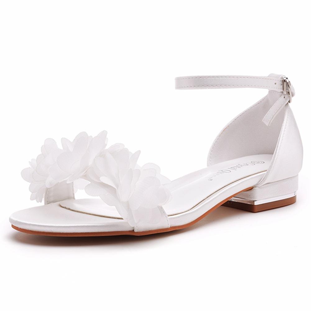 2 Cm Square Heel Shallow Mouth One-tie Buckle Sandals Ivory White Silk Satin Cloth Bridal White Flower Sandals for Women