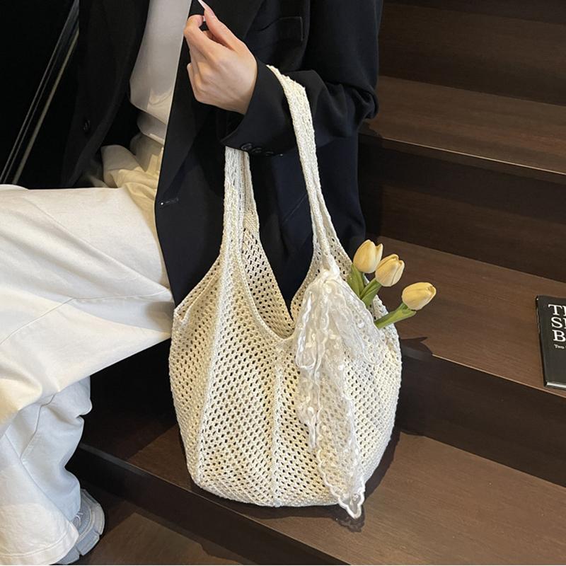 Yogodlns Women Hollow Out Crochet Tote Bag Fashion Knitted Bag Large Capacity Scarf Decor Handbag Female Summer Beach Solid Color Woven Shoulder Bag