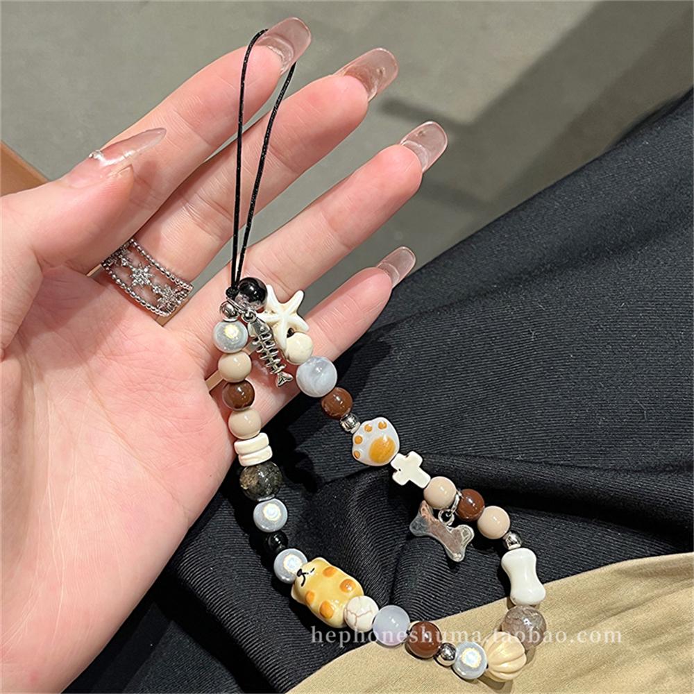 Korean Cute Bear Stone Beaded Phone Chain For iPhone Bracelet Strap Lanyard Pendant Jewelry Women Girls Charm Hanging Rope Cord