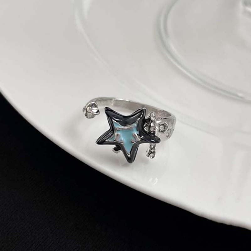Y2K Letter Bilayer Star Open Ring for Women Girls Sweet Hollow Dropwise Glaze Pentagram Lucky Finger Accessories Fashion Jewelry