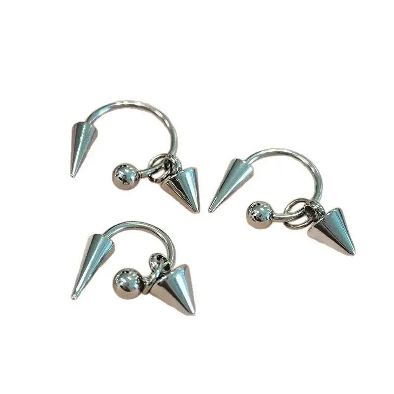 2pcs Titanium Steel Cone Pendant Horseshoe Ring Earrings, Trendy Hip-Hop Earrings For Men And Women, Niche Design And Explosive Earrings