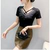 New Summer Short Sleeved V-Neck Women's T-Shirt Fashion Sexy Hollow Out Hot Diamonds Tops High Strecth Mesh Slim Tees
