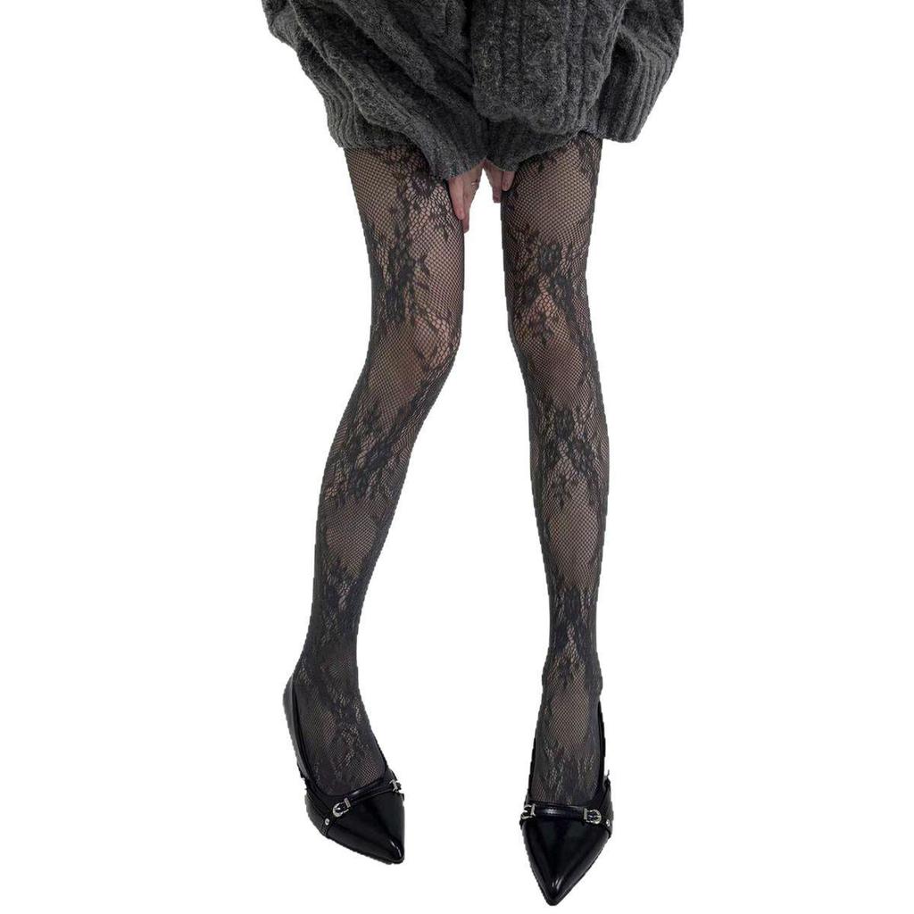 Retro Floral Jacquard Fishnet Stockings, Y2K Black Anti-Snag Stockings for Women