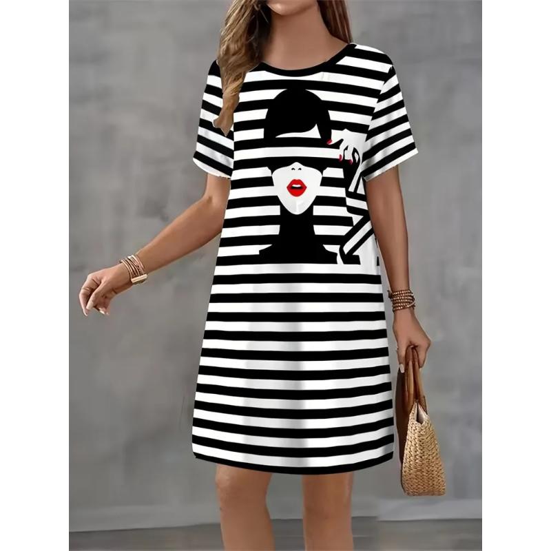 Fashion Women's Crew Neck Dress 3D Casual Color Printing Casual Dress Crew Neck Dress