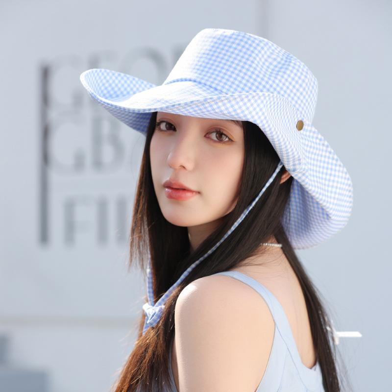 Sombrero de Pescador Plegable Versátil con Correa para el Sol, Sombrero a Cuadros Coreano con Visera Grande para Mujer, Verano, Exterior, Viajes, Protección Solar