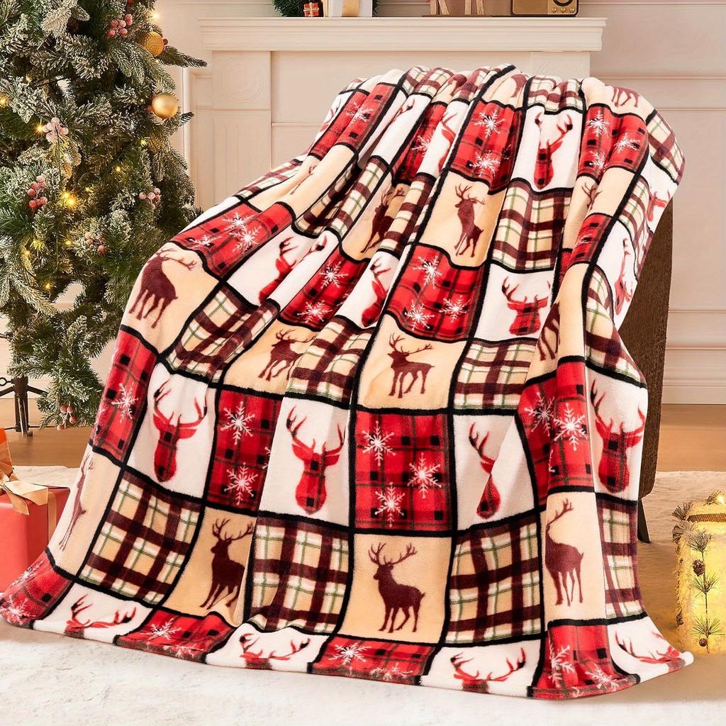 Christmas Deer Throw Blanket Flannel Fabric With Plaid Snowflake And Reindeer Designs For Living Space Comforting Moments