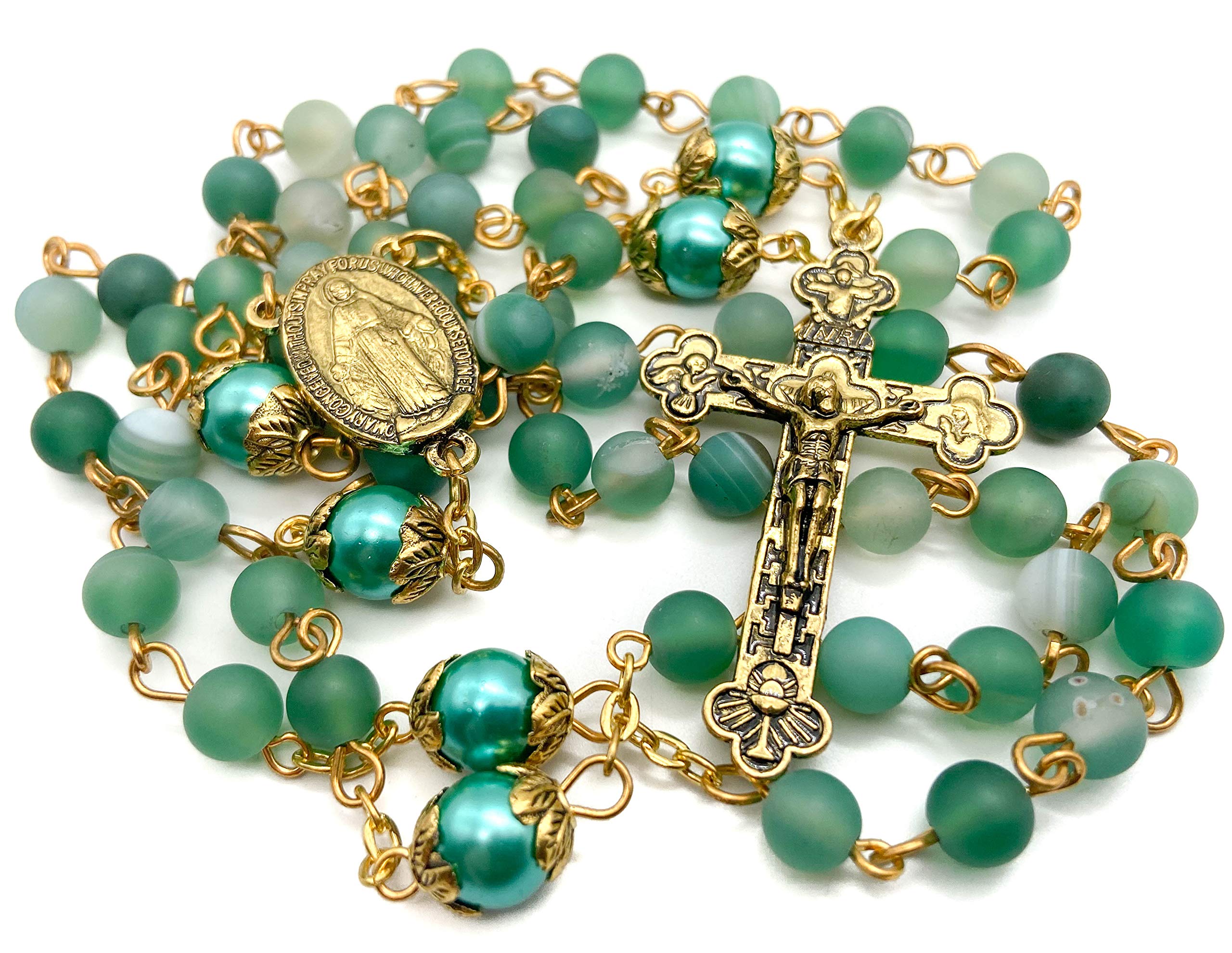 

Nazareth Store Catholic Gold Rosary Necklace Matte Stone Beads Green 10mm Pearl Round Beads Miraculous Medal Cross Velvet Bag & -