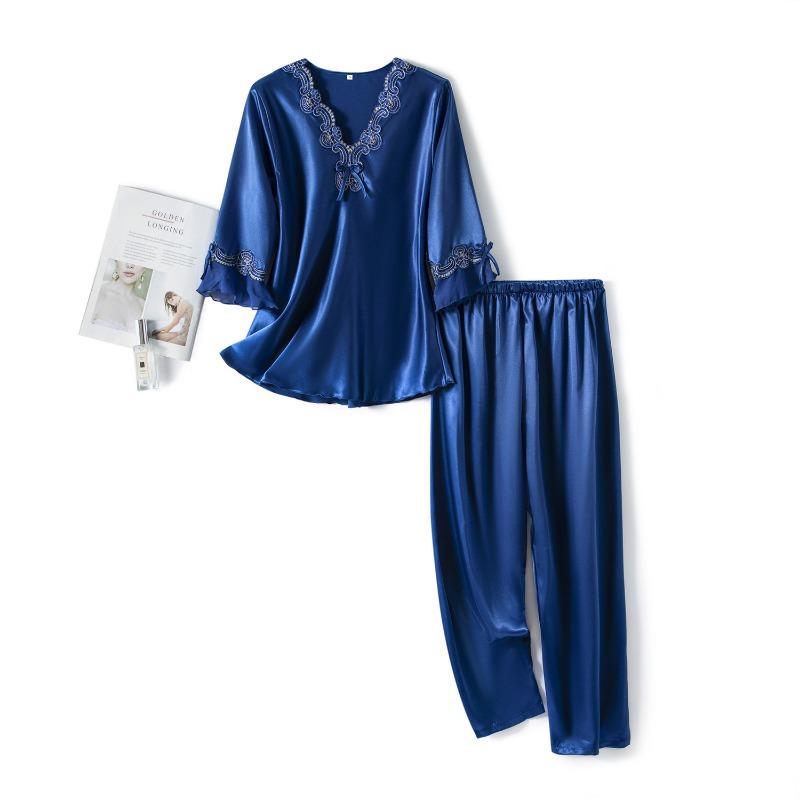 Women's Large Size Spring and Autumn Thin Section Seven-minute Sleeve Silk Embroidery Lace Two-piece Homewear