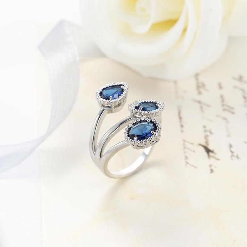 Teardrop Royal Blue Zircon Open Copper Ring for Women