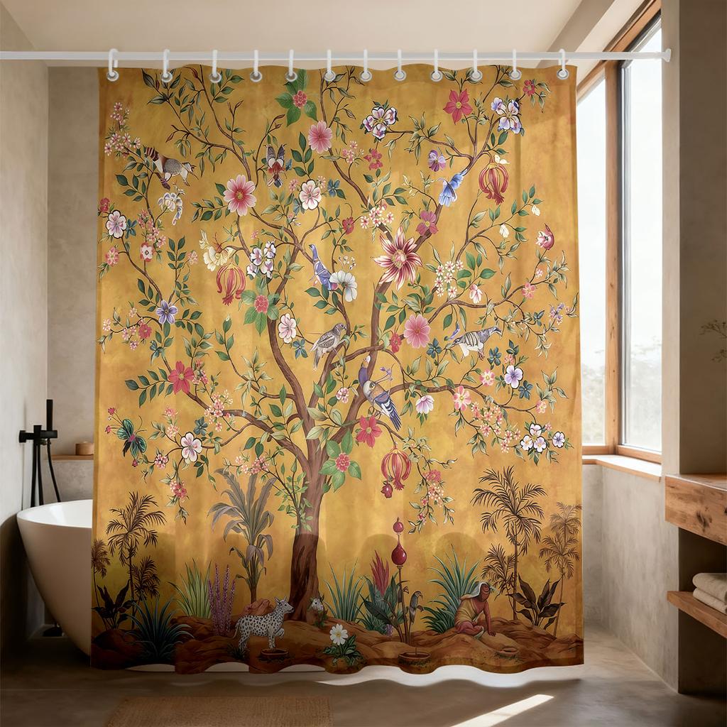 Cortina de Ducha Árbol de la Vida Estampado Floral de Pájaros Coloridos Tejido Impermeable Decoración de Baño Boho con Ganchos