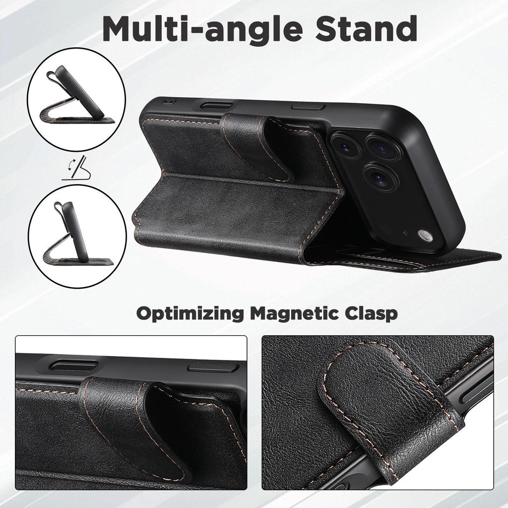 iPhone 17 Pro Max Flip Case with Card Slot & Magnetic Snap, 2-in-1 Wireless Charging Stand, Leather Design