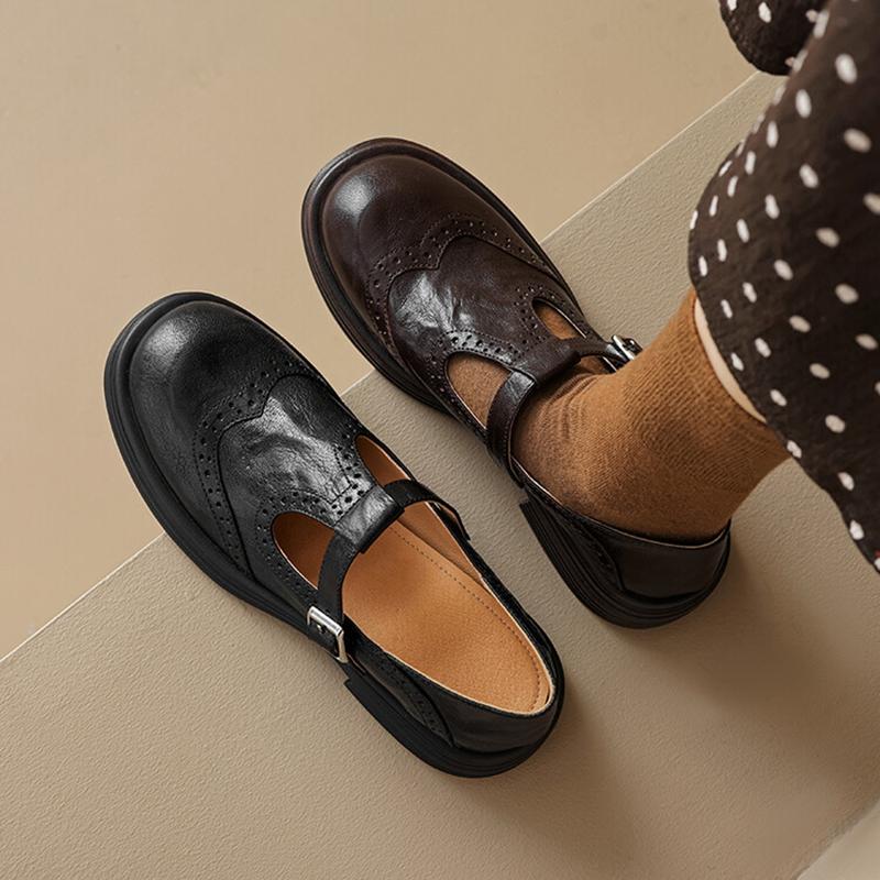 Fashion NEW Autumn/Spring Women Pumps Round Toe Chunky Heel Shoes Genuine Leather Shoes for Women Hollow Mary Janes Black Handmade Shoes