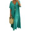 Solid Color V Neck Casual Long Dress Women Simple Style Cotton Baggy 1Pc