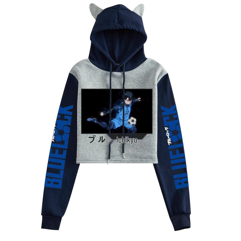 Blue Lock Cat Ear Color Block Hoodie with Plus Velvet