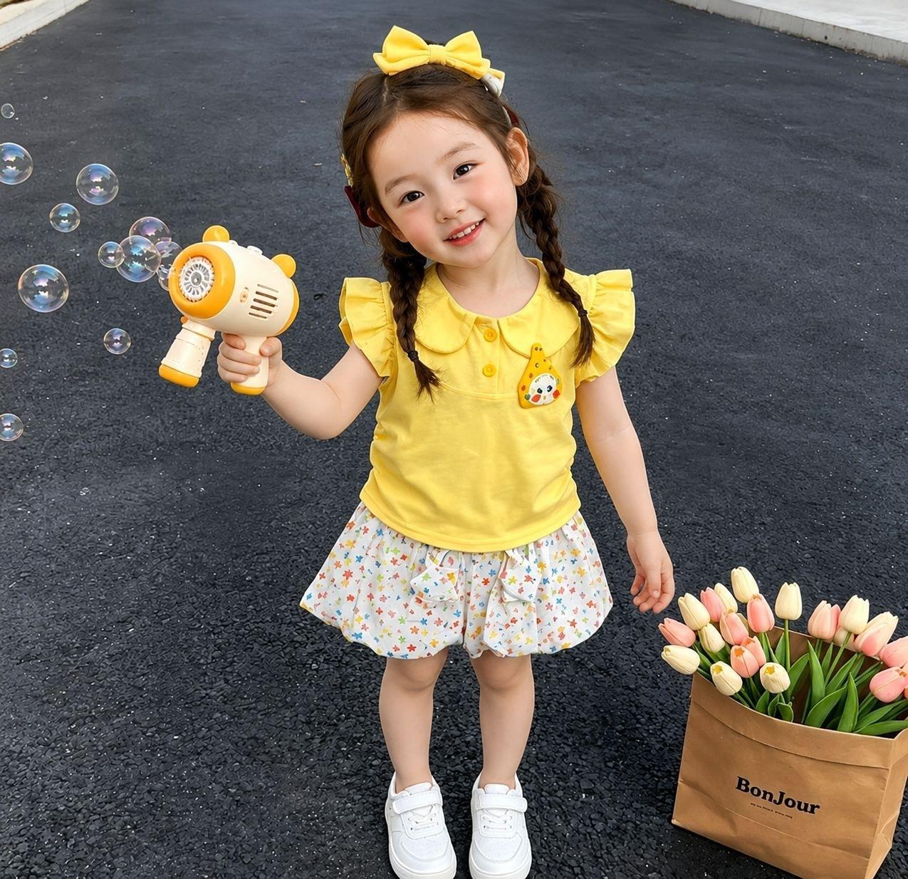Girls Summer Sleeveless Cartoon Print Peter Pan Collar Bloomer Shorts Set 90